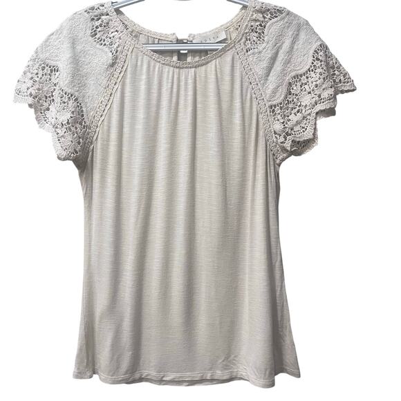Adiva Tops - Adiva Women's Crochet Short Sleeve Keyhole Back Cream Blouse Small